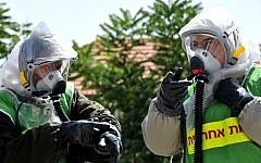 Soldiers during an emergency drill at Mount Scopus Hospital on Wednesday, May 29 (photo credit: David Katz/The Israel Project)
