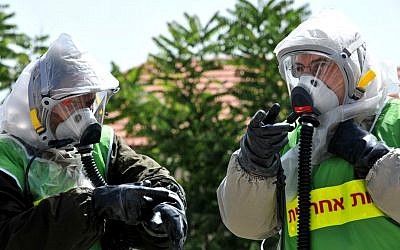 Soldiers during an emergency drill at Mount Scopus Hospital on Wednesday, May 29 (photo credit: David Katz/The Israel Project)