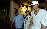 Ashton Kutcher, right, and Demi Moore at a Kabbalah confab in Tel Aviv in 2007 (photo credit: Flash90)