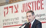 Will his testimony convict his former boss? Danny Ayalon is expected to testify in the trial of Avigdor Liberman on Thursday. In this picture, Ayalon is speaking at a 2012 conference about the rights of Jewish refugees from Arab countries (photo credit: Oren Nahshon / FLASH90)