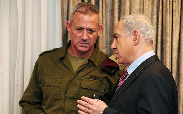 File: Then-IDF chief of staff Lt. Gen. Benny Gantz, left, and Prime Minister Benjamin Netanyahu before a cabinet meeting in November 2012 (Kobi Gideon/GPO/Flash 90) File: Then-IDF chief of staff Lt. Gen. Benny Gantz, left, and Prime Minister Benjamin Netanyahu before a cabinet meeting in November 2012 (Kobi Gideon/GPO/Flash 90)