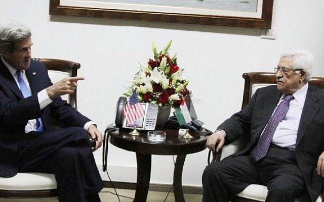 US Secretary of State John Kerry (L) with Palestinian Authority President Mahmoud Abbas in the West Bank city of Ramallah, April 7, 2013 (photo credit: Issam Rimawi/Flash90) US Secretary of State John Kerry (L) with Palestinian Authority President Mahmoud Abbas in the West Bank city of Ramallah, April 7, 2013 (photo credit: Issam Rimawi/Flash90)