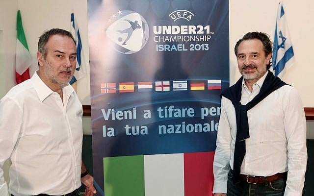 Italy national team manager Cesare Prandelli and Italy Women's coach Antonio Cabrini visit the Bloomfield stadium ahead of the upcoming Euro Under 21 Football Championship, in Tel Aviv, April (Photo credit: Oded Karni/ Israel Football Association/Flash 90) Italy national team manager Cesare Prandelli and Italy Women's coach Antonio Cabrini visit the Bloomfield stadium ahead of the upcoming Euro Under 21 Football Championship, in Tel Aviv, April (Photo credit: Oded Karni/ Israel Football Association/Flash 90)