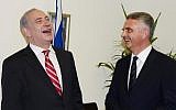 Prime Minister Benjamin Netanyahu (left) meets with Swiss Foreign Minister Didier Burkhalter at the premier's Tel Aviv office on Thursday. (photo credit: Moshe Milner/GPO/Flash90)
