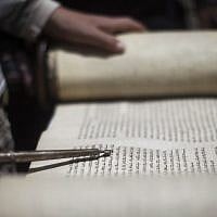 Illustrative photo of a young man reading from a Torah scroll (Yonatan Sindel/Flash90)