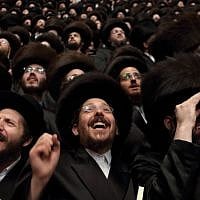 Tens of thousands of ultra-Orthodox Jews from the Belz Hassidic dynasty attend the wedding ceremony of Rabbi Shalom Rokach, the grandson of the Belz Rabbi, to Hana Batya Pener in Jerusalem on May 22, 2013. (Yaakov Naumi/Flash90)
