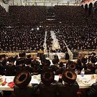 Illutrative: Tens of thousands of Ultra-Orthodox Jews from the Belz Hassidic dynasty attend the wedding ceremony of Rabbi Shalom Rokach, the grandson of the Belz Rabbi, to Hana Batya Pener on May 22, 2013.(Photo credit: Yaakov Naumi/Flash90)