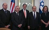 US Secretary of State John Kerry (center) poses for a group picture with, from left to right, Defense Minister Moshe Yaalon, Minister of International Relations Yuval Steinitz, Prime Minister Benjamin Netanyahu and Minister of Justice Tzipi Livni, at Netanyahu's office in Jerusalem on May 23, 2013. (photo credit: Marc Israel Sellem/Pool/Flash90)