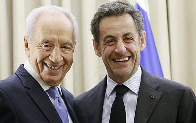 Shimon Peres (left) and Nicolas Sarkozy in Jerusalem, Thursday (photo credit: Miriam Alster/Flash90)
