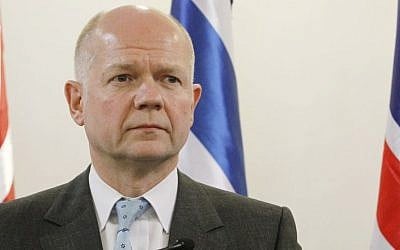 British Foreign Secretary William Hague at Prime Minister Benjamin Netanyahu's office in Jerusalem, in May 2013 (photo credit: Miriam Alster/Flash90/File)