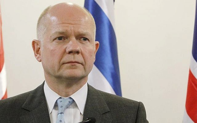 British Foreign Secretary William Hague at Prime Minister Benjamin Netanyahu's office in Jerusalem, in May 2013 (photo credit: Miriam Alster/Flash90/File) British Foreign Secretary William Hague at Prime Minister Benjamin Netanyahu's office in Jerusalem, in May 2013 (photo credit: Miriam Alster/Flash90/File)