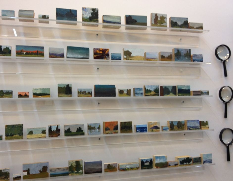 Iddo Marcus's rows of miniature oil paintings, best viewed with a magnifying glass (photo credit: Jessica Steinberg/Times of Israel)