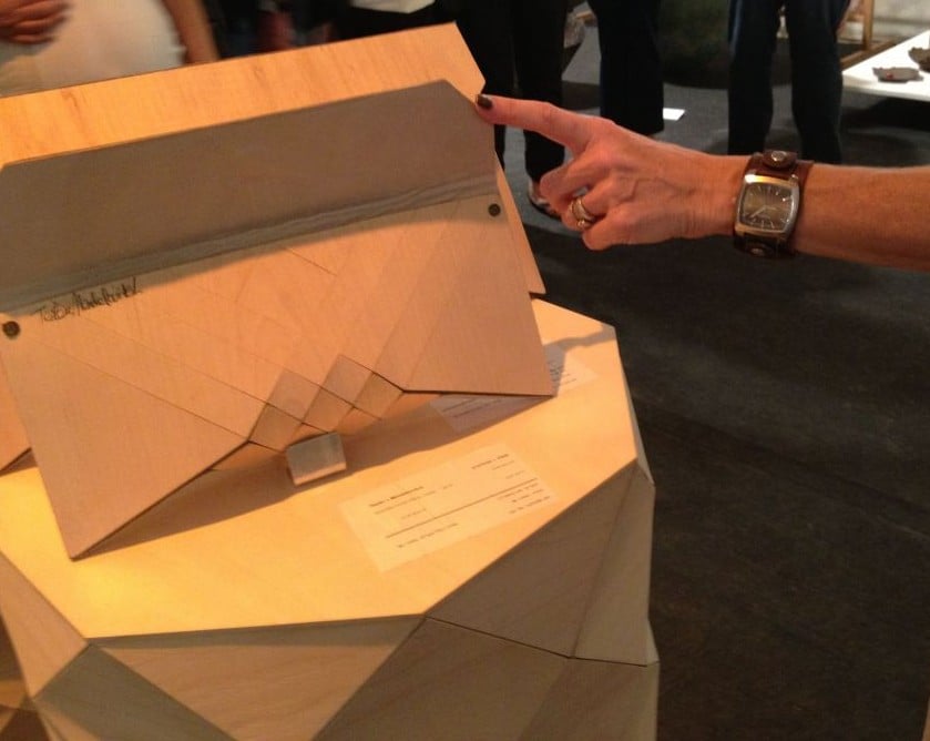 A wooden clutch, featured in the Design Greenhouse (photo credit: Jessica Steinberg/Times of Israel)