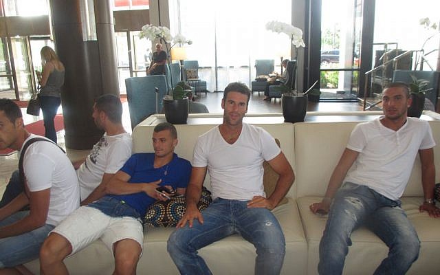 Israeli soccer players (from left to right) Elad Gabai, Dekel Keinan, and Shimon Abuhatzira. (photo credit: Howard Blas/Times of Israel staff)