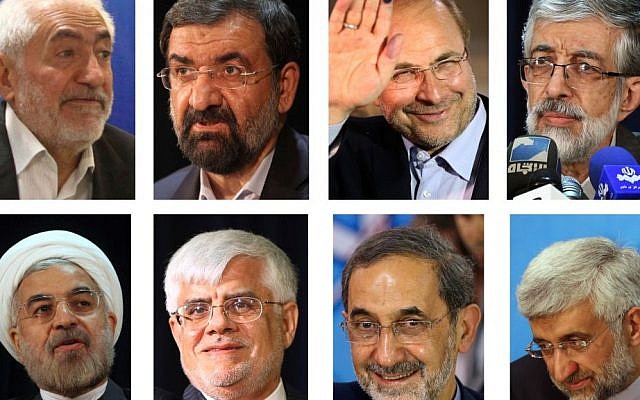 This combination of eight pictures shows eight candidates approved Tuesday, May 21, 2013 for Iran's June 14 presidential election to replace Mahmoud Ahmadinejad, who cannot run again because of term limits, clockwise from left: Mohammad Gharazi, Mohsen Rezaei, Mohammad Bagher Qalibaf, Gholam Ali Haddad Adel, Saeed Jalili, Ali Akbar Velayati, and Hassan Rouhani, taken between May 9 and May 11, 2013. (AP Photo) This combination of eight pictures shows eight candidates approved Tuesday, May 21, 2013 for Iran's June 14 presidential election to replace Mahmoud Ahmadinejad, who cannot run again because of term limits, clockwise from left: Mohammad Gharazi, Mohsen Rezaei, Mohammad Bagher Qalibaf, Gholam Ali Haddad Adel, Saeed Jalili, Ali Akbar Velayati, and Hassan Rouhani, taken between May 9 and May 11, 2013. (AP Photo)