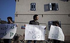 A protest calling for the release of conscientious objector Natan Blanc from military prison, in front of the Defense Ministry in Tel Aviv, Tuesday, May 21, 2013 (photo credit: Oded Balilty/AP)