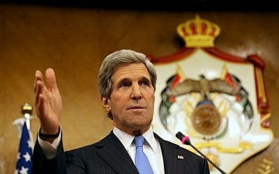 US Secretary of State John Kerry speaks during a joint news conference with his Jordanian counterpart, Nasser Judeh, not pictured, in Amman, May 22, 2013 (photo credit: AP/Mohammad Hannon)