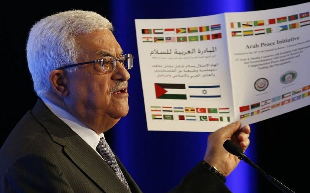 Palestinian Authority President Mahmoud Abbas promotes the Arab Peace Initiative during a speech at the World Economic Forum on the Middle East and North Africa in Jordan, May 26, 2013 (photo credit: AP/Jim Young) Palestinian Authority President Mahmoud Abbas promotes the Arab Peace Initiative during a speech at the World Economic Forum on the Middle East and North Africa in Jordan, May 26, 2013 (photo credit: AP/Jim Young)