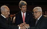 US Secretary of State John Kerry (center), Israeli President Shimon Peres (left), and Palestinian Authority President Mahmoud Abbas shake hands during the World Economic Forum in Jordan, Sunday May 26, 2013. (photo credit: AP/Jim Young)