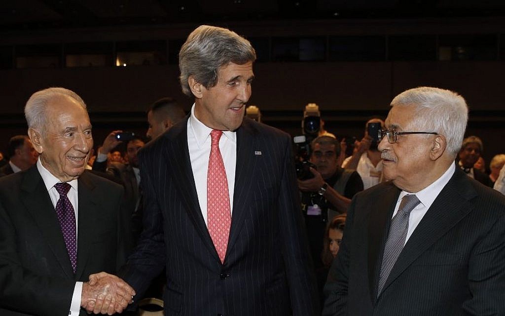 Secretary John Kerry with President Shimon Peres and Palestinian Authority President Mahmoud Abbas at the World Economic Forum in Jordan in late May 2013 (photo credit: AP) Secretary John Kerry with President Shimon Peres and Palestinian Authority President Mahmoud Abbas at the World Economic Forum in Jordan in late May 2013 (photo credit: AP)