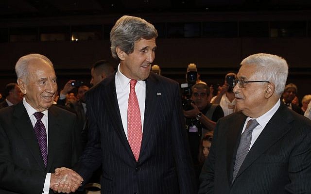 Secretary John Kerry with President Shimon Peres and Palestinian Authority President Mahmoud Abbas at the World Economic Forum in Jordan in late May 2013 (photo credit: AP) Secretary John Kerry with President Shimon Peres and Palestinian Authority President Mahmoud Abbas at the World Economic Forum in Jordan in late May 2013 (photo credit: AP)