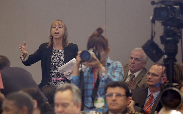 File photo of CodePink founder Medea Benjamin interrupting President Barack Obama's national security speech last year (photo credit: AP/Pablo Martinez Monsivais) File photo of CodePink founder Medea Benjamin interrupting President Barack Obama's national security speech last year (photo credit: AP/Pablo Martinez Monsivais)