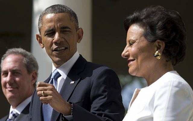 US President Barack Obama with Michael Froman and Penny Pritzker in the Rose Garden of the White House in Washington, Thursday, May 2, 2013 (photo credit: AP/Carolyn Kaster) US President Barack Obama with Michael Froman and Penny Pritzker in the Rose Garden of the White House in Washington, Thursday, May 2, 2013 (photo credit: AP/Carolyn Kaster)