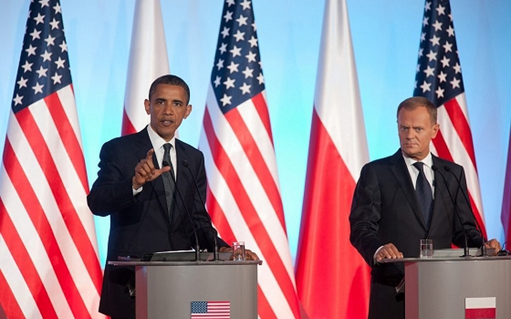 President Obama and Polish Prime Minister Donald Tusk speaking at a news conference in Warsaw, Poland, May 2011. (photo credit: Official White House Photo by Lawrence Jackson/via JTA) President Obama and Polish Prime Minister Donald Tusk speaking at a news conference in Warsaw, Poland, May 2011. (photo credit: Official White House Photo by Lawrence Jackson/via JTA)