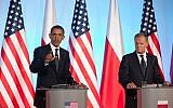 President Obama and Polish Prime Minister Donald Tusk speaking at a news conference in Warsaw, Poland, May 2011. (photo credit: Official White House Photo by Lawrence Jackson/via JTA)