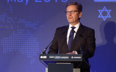 Guido Westerwelle speaks at the WJC, Monday (photo credit: screen capture/WJC)