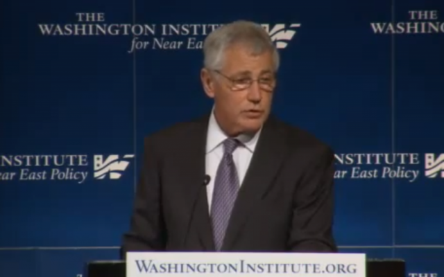 Defense Secretary Chuck Hagel speaks at the Washington Institute for Near East policy on Thursday. (photo credit: image capture from YouTube video) Defense Secretary Chuck Hagel speaks at the Washington Institute for Near East policy on Thursday. (photo credit: image capture from YouTube video)
