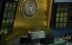 Illustrative photo of electronic boards showing the results of a vote in the United Nations General Assembly. (AP/Evan Schneider, United Nations)