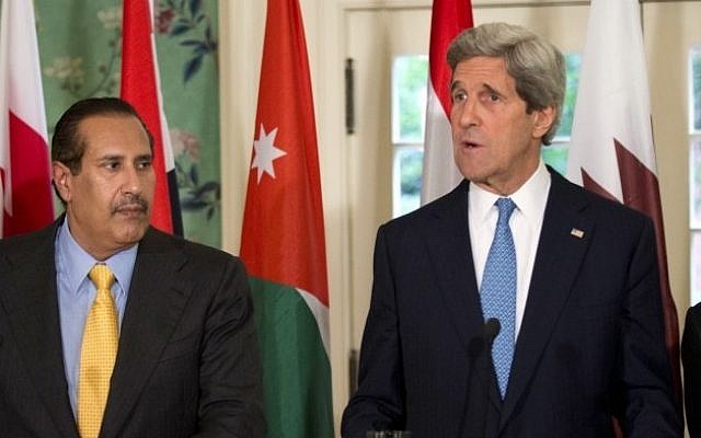 US Secretary of State John Kerry with Qatar's Prime Minister and Foreign Minister Hamad bin Jassim bin Jabr Al-Thani, second from left, and Arab League Secretary-General Nabil Elaraby, April 29, 2013 (photo credit: AP/Manuel Balce Ceneta) US Secretary of State John Kerry with Qatar's Prime Minister and Foreign Minister Hamad bin Jassim bin Jabr Al-Thani, second from left, and Arab League Secretary-General Nabil Elaraby, April 29, 2013 (photo credit: AP/Manuel Balce Ceneta)