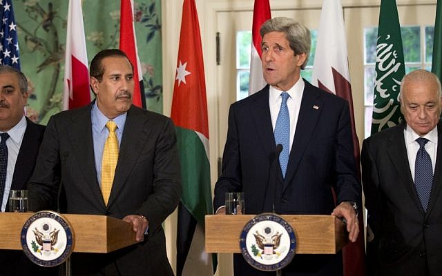 US Secretary of State John Kerry, second from right, with the Arab League lead by Qatar's Prime Minister and Foreign Minister Hamad bin Jassim bin Jabr Al-Thani, second from left, and Arab League Secretary-General Nabil Elaraby speaks to the media following their meeting at Blair House in Washington, Monday, April 29 (photo credit: AP/Manuel Balce Ceneta) US Secretary of State John Kerry, second from right, with the Arab League lead by Qatar's Prime Minister and Foreign Minister Hamad bin Jassim bin Jabr Al-Thani, second from left, and Arab League Secretary-General Nabil Elaraby speaks to the media following their meeting at Blair House in Washington, Monday, April 29 (photo credit: AP/Manuel Balce Ceneta)