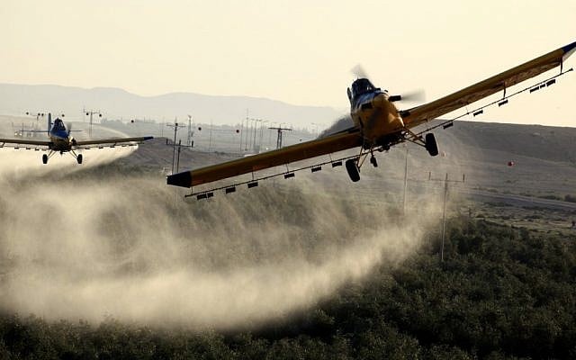 Illustrative photo of crop-dusting against locusts from March 2013 (photo credit: Flash90) Illustrative photo of crop-dusting against locusts from March 2013 (photo credit: Flash90)