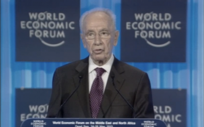 President Shimon Peres speaks at the World Economic Forum in Jordan on May 26, 2013. (photo credit: image capture/WEF video feed)