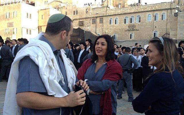 Likud MK Miri Regev, center, at the Western Wall plaza on Friday (photo credit: Michal Shmulovich/Times of Israel staff)