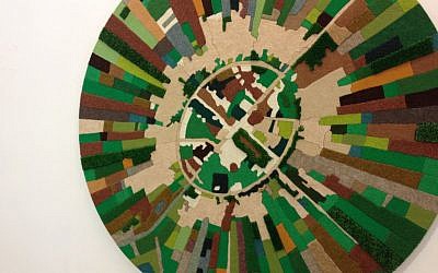 A carpeted view of Kibbutz Nahalal as part of the Fresh Paint galleries (photo credit: Jessica Steinberg/Times of Israel)