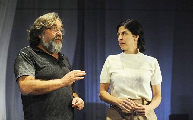 Director Yevgeny Arye and actor Efrat Ben-Tzur during rehearsals (Courtesy Gesher Theater)