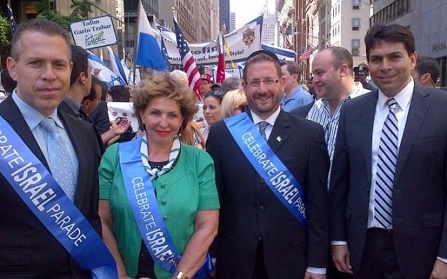 Home Front Defense Minister Gilad Erdan, Immigrant Absorption Minister Sofa Landver, MK Dov Lipman and Deputy Defense Minister Danny Danon take part in a large, pro-Israel march in New York on Sunday, June 2 (photo credit: Courtesy) Home Front Defense Minister Gilad Erdan, Immigrant Absorption Minister Sofa Landver, MK Dov Lipman and Deputy Defense Minister Danny Danon take part in a large, pro-Israel march in New York on Sunday, June 2 (photo credit: Courtesy)