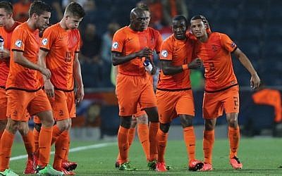Holland's Under-21 squad celebrates, Sunday. (photo credit: UEFA/via Twitter)