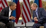 US President Barack Obama, left, and Russian President Vladimir Putin in Enniskillen, Northern Ireland, June 17, 2013 (Evan Vucci/AP)