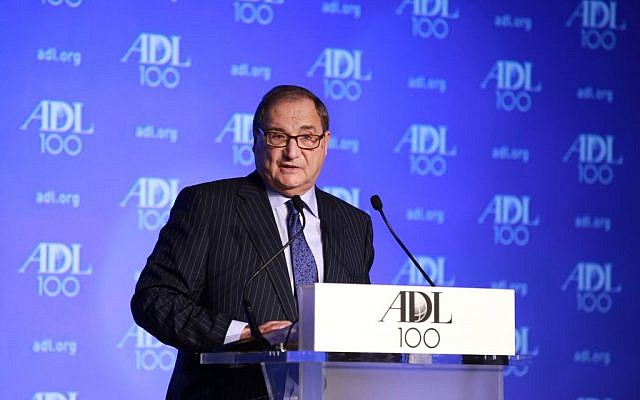 Abraham Foxman, national director of the Anti-Defamation League, speaking at the ADL Centennial Summit in Washington, April 29, 2013. (David Karp/via JTA) Abraham Foxman, national director of the Anti-Defamation League, speaking at the ADL Centennial Summit in Washington, April 29, 2013. (David Karp/via JTA)