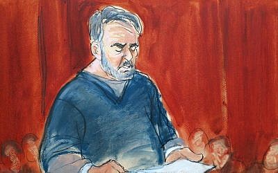 In this courtroom sketch, Manssor Arbabsiar reads a statement Thursday, May 30, 2013, in Manhattan Federal Court, in New York (photo credit: AP/Elizabeth Williams)