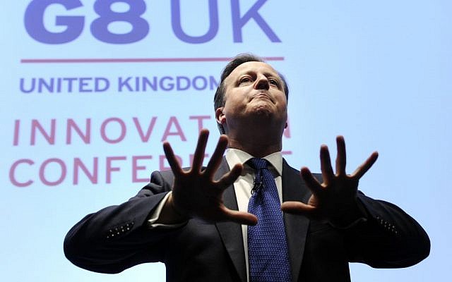 Britain's Prime Minister David Cameron speaks at the G8 UK Innovation Conference at the Siemens Crystal Building in London, Friday June 14, 2013. As part of UK's G8 Presidency, the G8 Innovation Conference brings together 300 leading international entrepreneurs, researchers, scientists, designers and policy makers. (photo credit: AP/Facundo Arrizabalaga) Britain's Prime Minister David Cameron speaks at the G8 UK Innovation Conference at the Siemens Crystal Building in London, Friday June 14, 2013. As part of UK's G8 Presidency, the G8 Innovation Conference brings together 300 leading international entrepreneurs, researchers, scientists, designers and policy makers. (photo credit: AP/Facundo Arrizabalaga)