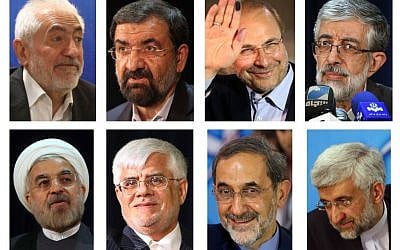 This combination of May 2013 file photos shows the eight candidates approved for Iran's June 14, 2013 presidential election to replace Mahmoud Ahmadinejad. Top row from left are Mohammad Gharazi, Mohsen Rezaei, Mohammad Bagher Qalibaf and Gholam Ali Haddad Adel. Bottom row from left are Hassan Rouhani, Mohammad Reza Aref, Ali Akbar Velayati, Saeed Jalili. (AP Photo/File)