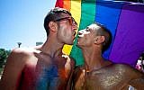 A couple at the 2012 Gay Pride parade in Tel Aviv (photo credit: Moshe Shai/Flash 90)