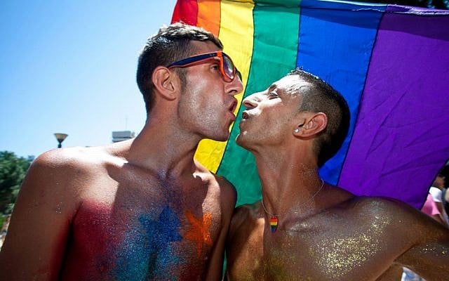 A couple at the 2012 Gay Pride parade in Tel Aviv (photo credit: Moshe Shai/Flash 90)