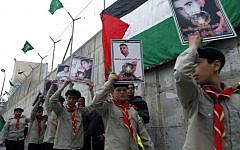 Palestinian school children, in a Hamas-organized procession, march in solidarity with prisoners held in Israel (Photo credit: Sliman Khader/ Flash 90)