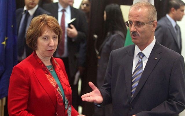 Palestinian Authority Prime Minister Rami Hamadallah (R) meets with EU Foreign Policy Chief Catherine Ashton in the West Bank city of Ramallah, June 19, 2013. (photo credit: Issam Rimawi/Flash90)